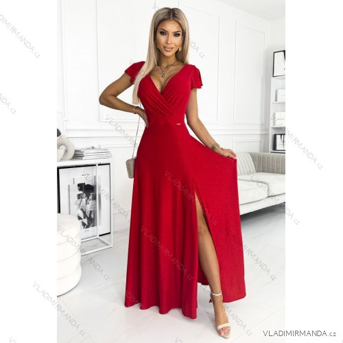 411-2 CRYSTAL long shimmering dress with a neckline - red