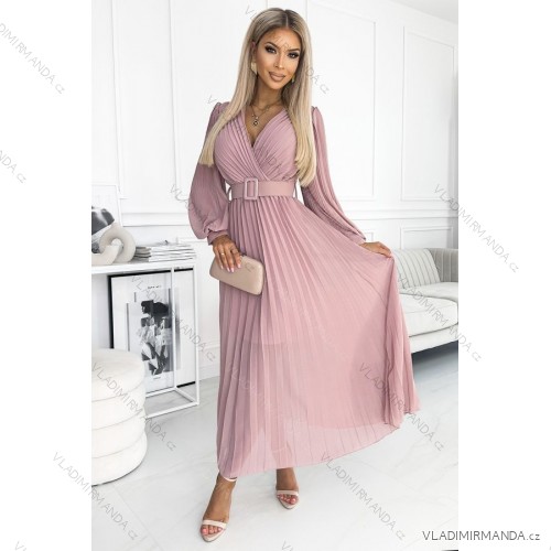 414-2 KLARA pleated dress with a belt and a neckline - powder pink