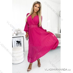 414-4 KLARA pleated dress with a belt and a neckline - fuchsia