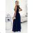 362-7 JUSTINE Long dress with a neckline and a tie - navy blue