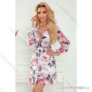 421-1 Chiffon dress with frills and a wide elastic band - pink flowers